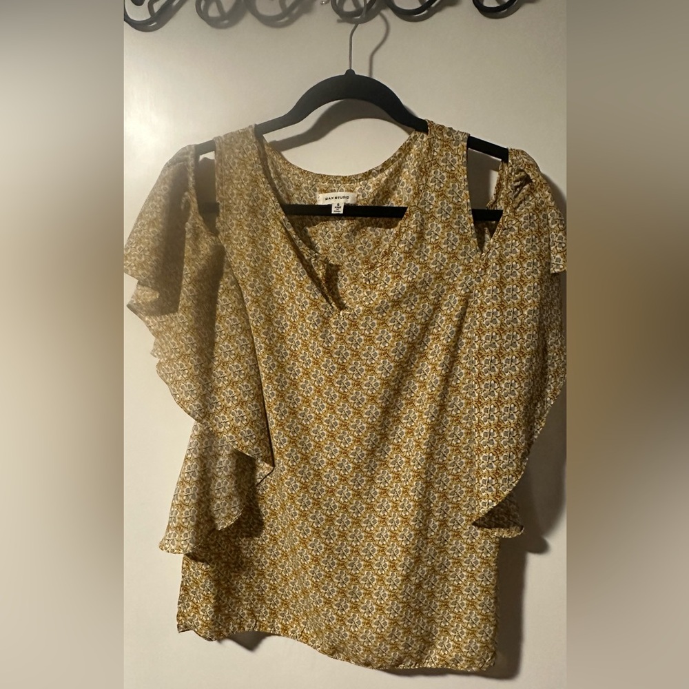 Max Studio Yellow Floral Print Ruffle-Sleeve Open Shoulder Blouse